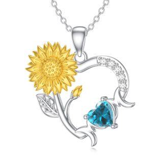 Sterling Silver Two-tone Personalized Birthstone Sunflower & Heart Pendant Necklace-2