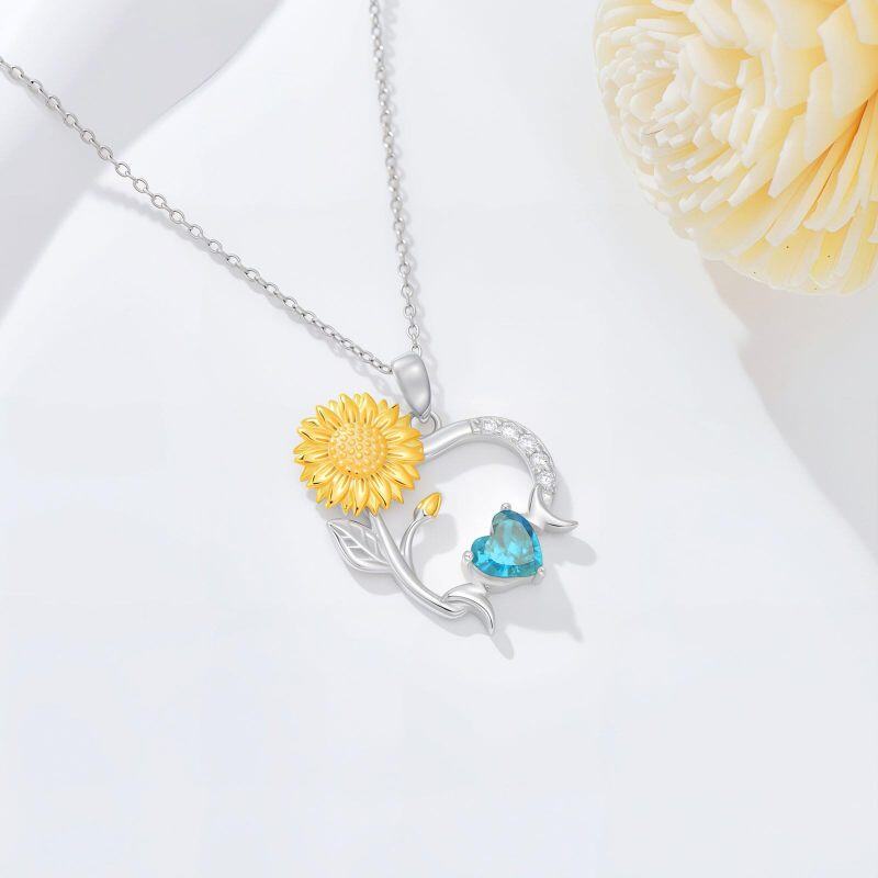 Sterling Silver Two-tone Personalized Birthstone Sunflower & Heart Pendant Necklace-2