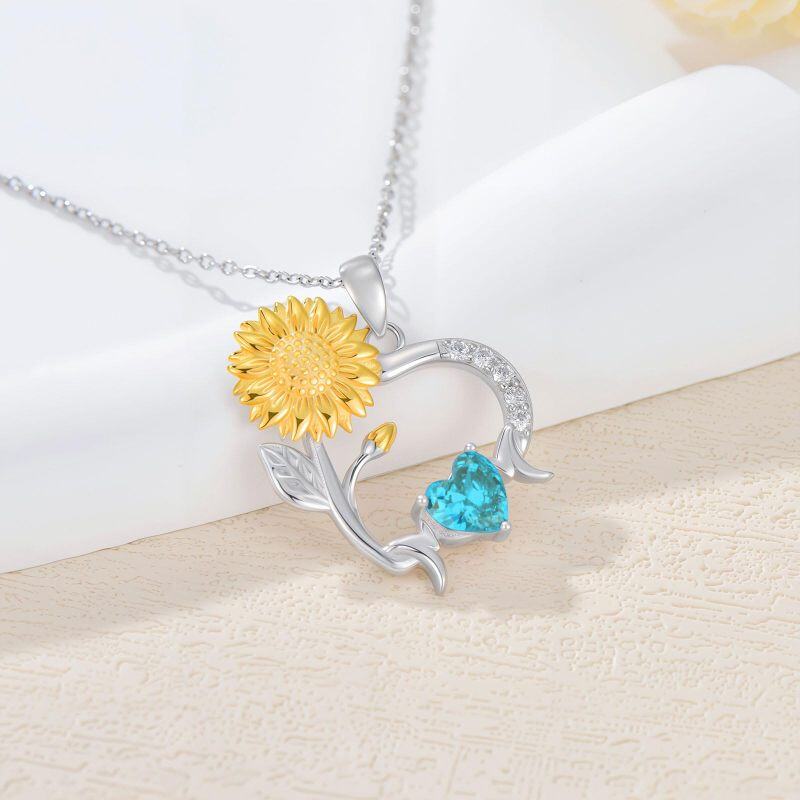 Sterling Silver Two-tone Personalized Birthstone Sunflower & Heart Pendant Necklace-3
