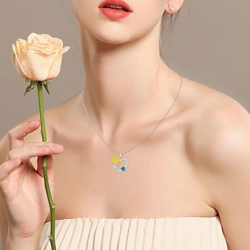 Sterling Silver Two-tone Personalized Birthstone Sunflower & Heart Pendant Necklace-4