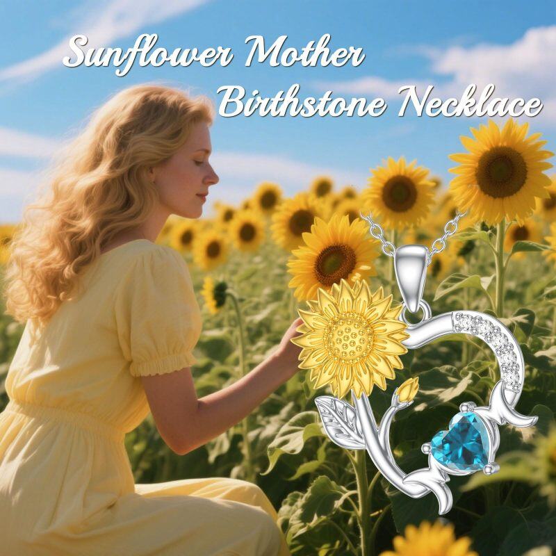 Sterling Silver Two-tone Personalized Birthstone Sunflower & Heart Pendant Necklace-5