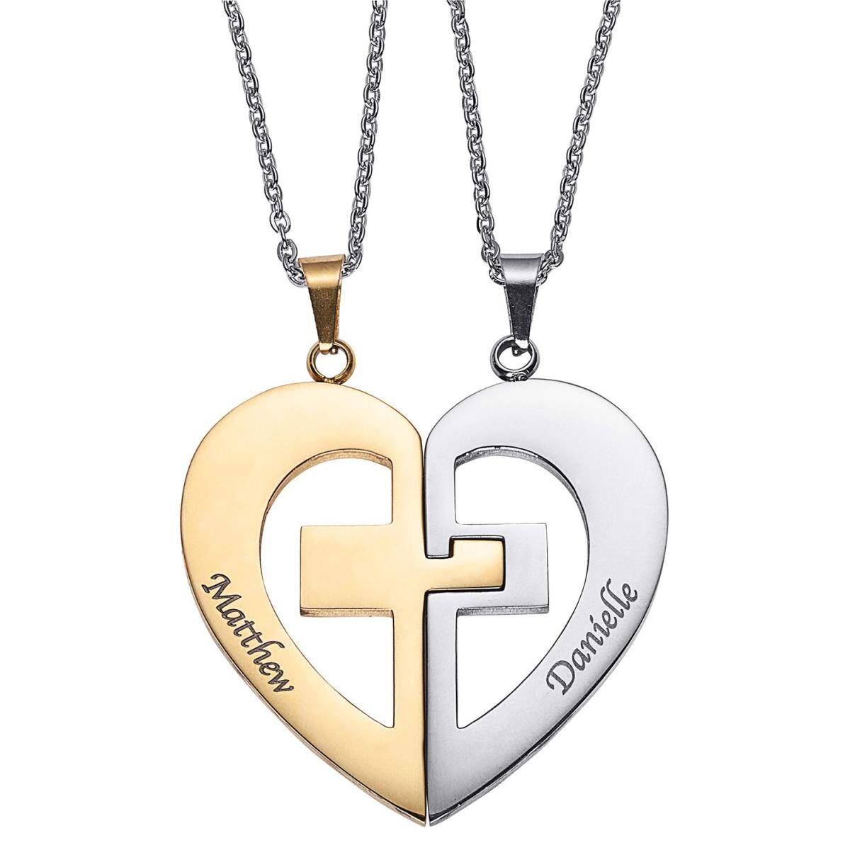 10K Two-tone Personalized Classic Couple Name & Broken 2 Half Piece Heart Pendant Necklace-1