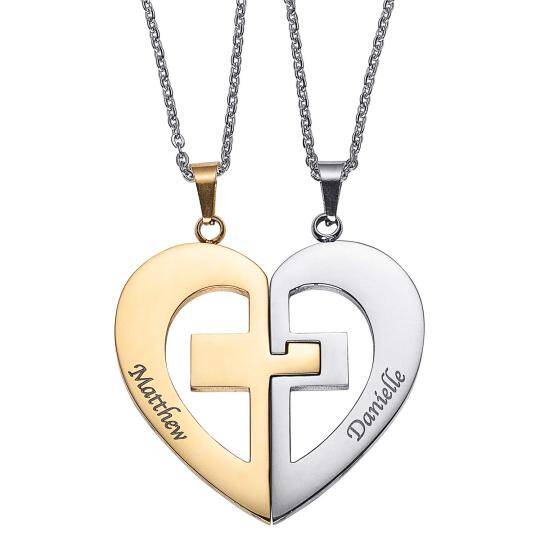 Collier pendentif en forme de cœur brisé en deux parties avec nom de couple classique personnalisé bicolore 10K