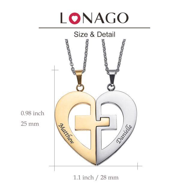 14K Two-tone Personalized Classic Couple Name & Broken 2 Half Piece Heart Pendant Necklace-4