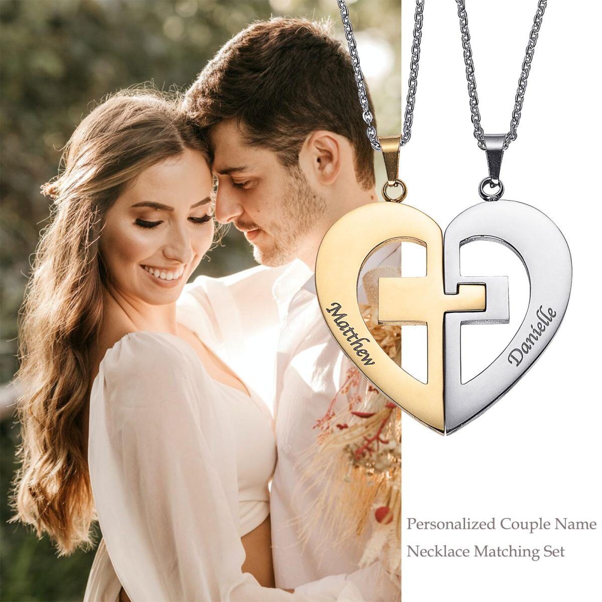 10K Two-tone Personalized Classic Couple Name & Broken 2 Half Piece Heart Pendant Necklace-4