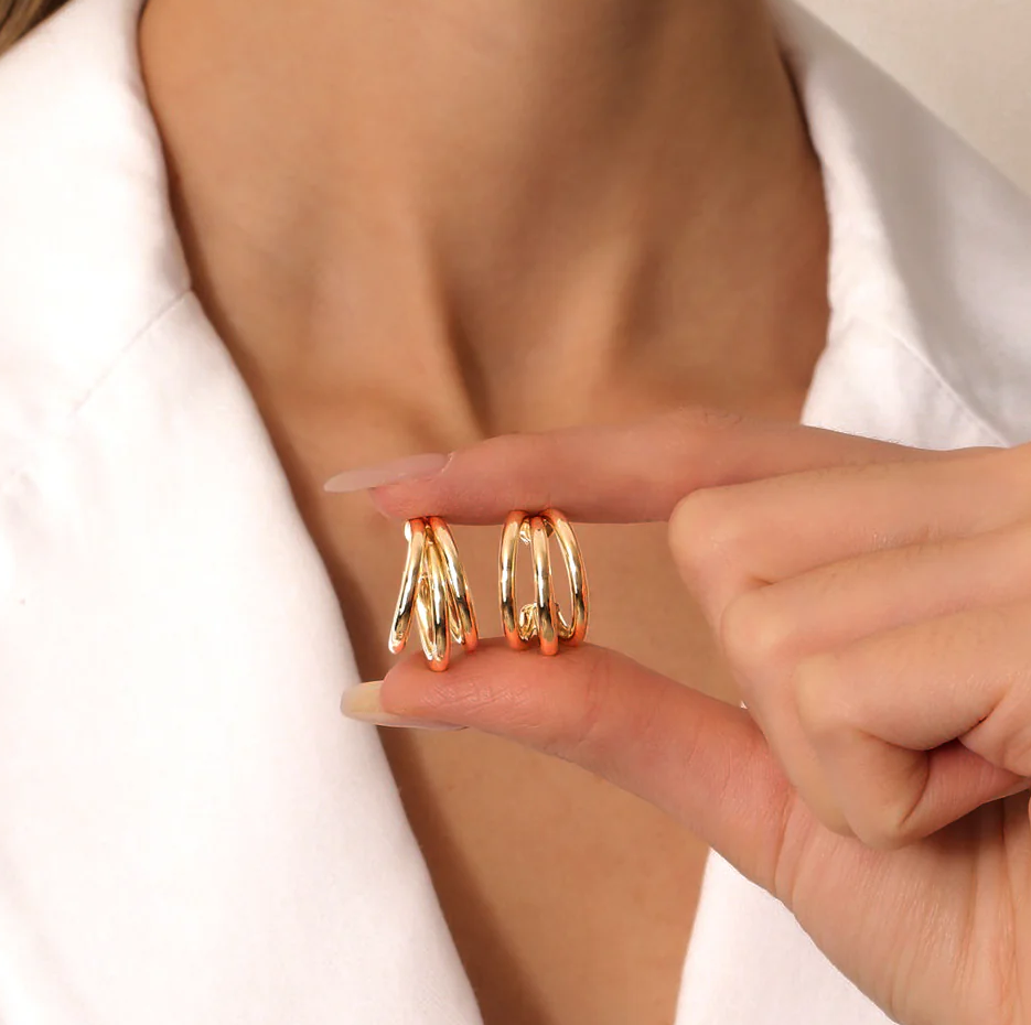 10K Triple Row Hoop Earrings-3