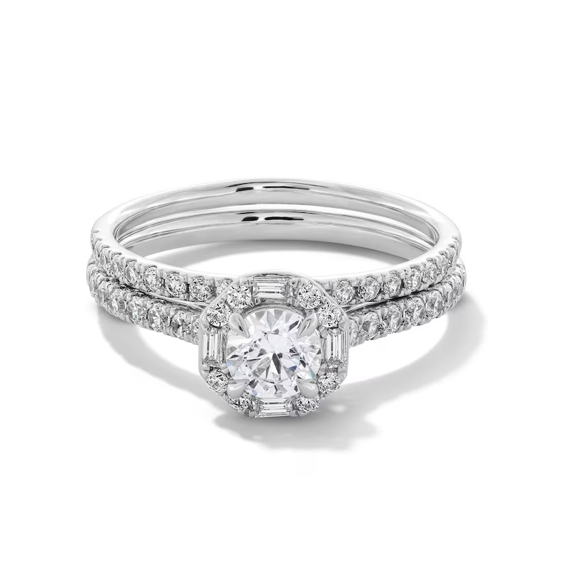 10K White Gold 1 CT Baguette and Round Diamond Custom Engraving & Couple Wedding Ring-1