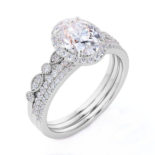 Ensemble de bagues de fiançailles en moissanite de coupe ovale en or blanc 14 carats 1CT-3