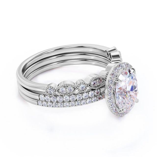 Ensemble de bagues de fiançailles en moissanite de coupe ovale en or blanc 14 carats 1CT-4