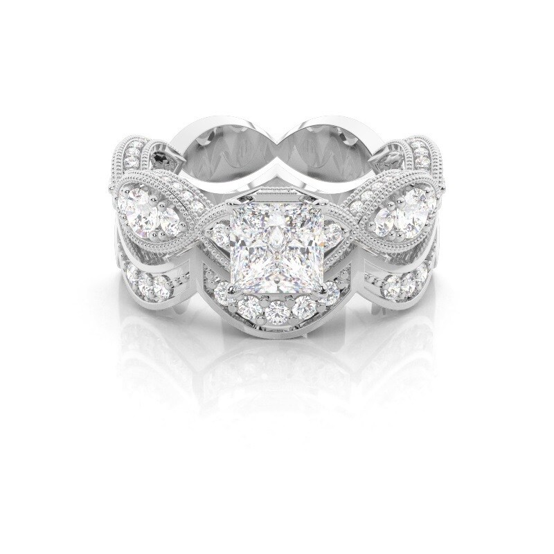 14K White Gold 2.2 CT.T.W. Princess Cut Lab Created Diamond 4 Prong Setting Side Stone Halo Engagement Ring-1