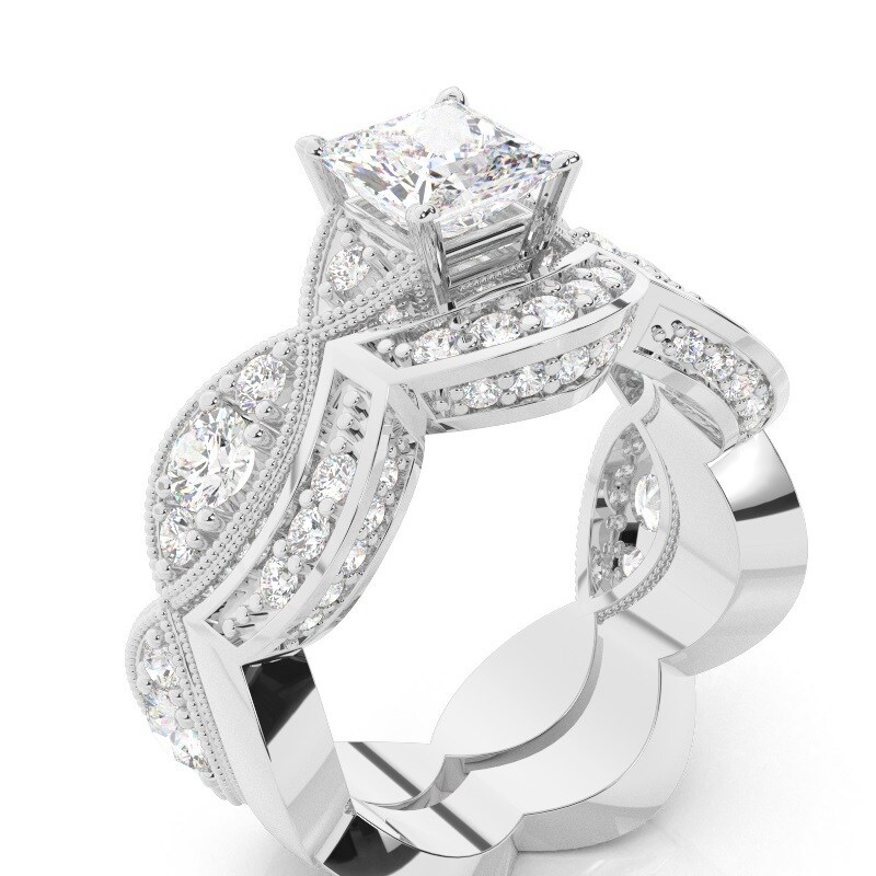 10K Gold 2.2 CT.T.W. Princess Cut Lab Created Diamond 4 Prong Setting Side Stone Halo Engagement Ring-2
