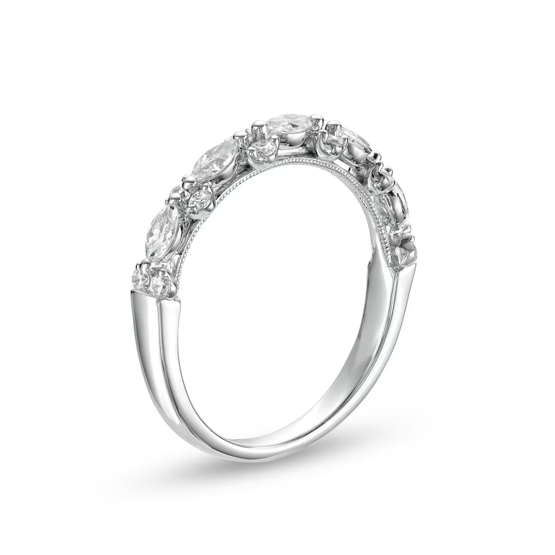 Anel de casamento de diamante redondo marquise 10K ouro branco 0,5 CT. T.W. Cor D VVS1-VS1 Clareza 3EX-3