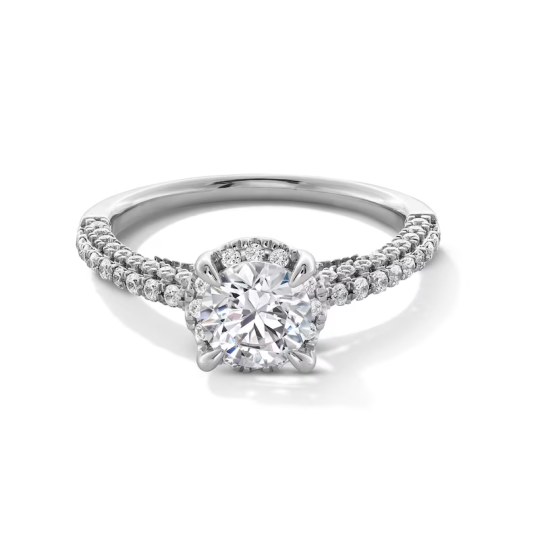 Bague de fiançailles pour couple en or blanc 10 carats avec diamant de forme circulaire de 1 1/2 ct et cadre personnalisé