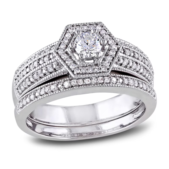 Bague de couple empilable personnalisée en or blanc 14 carats avec diamant de forme circulaire 1/2 ct