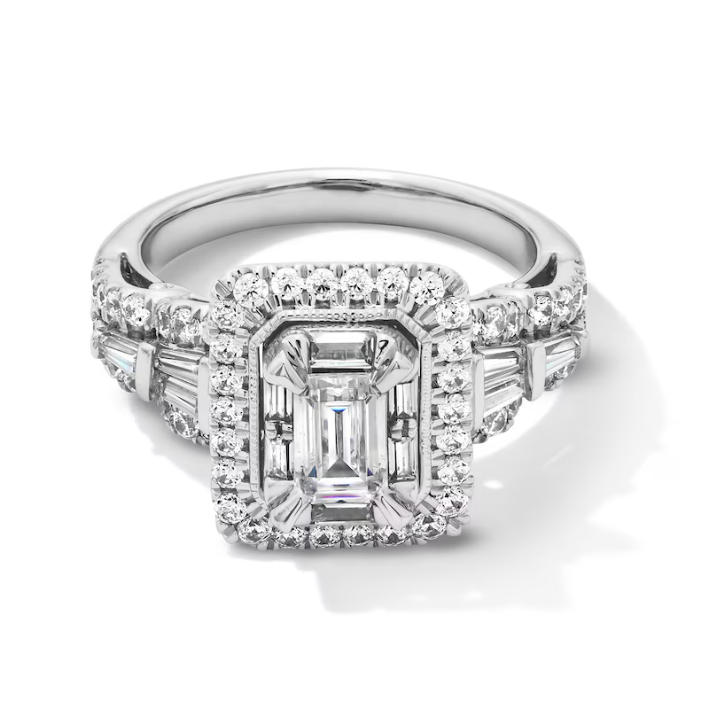 Bague de fiançailles en or blanc 14 carats avec diamant taille émeraude de 1 1/2 ct et tige fendue à double cadre-1