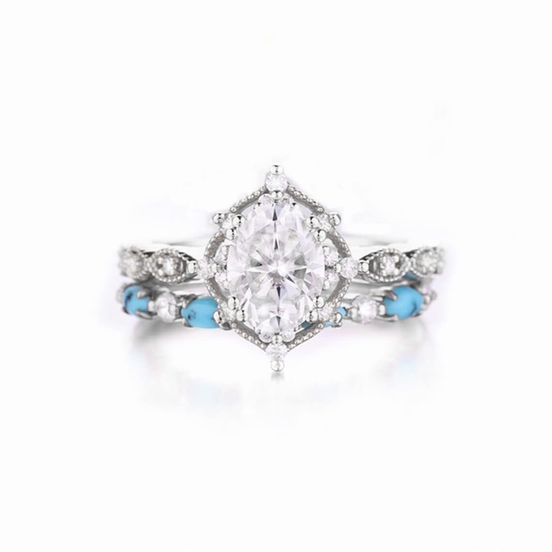 10K White Gold 1.25CT Oval Cut Moissanite Engagement Ring Set with Turquoise-1