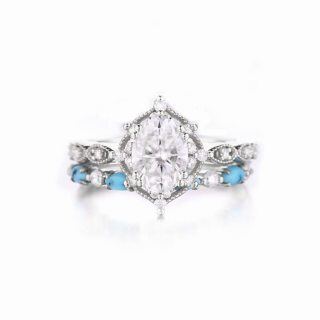 10K White Gold 1.25CT Oval Cut Moissanite Engagement Ring Set with Turquoise-22