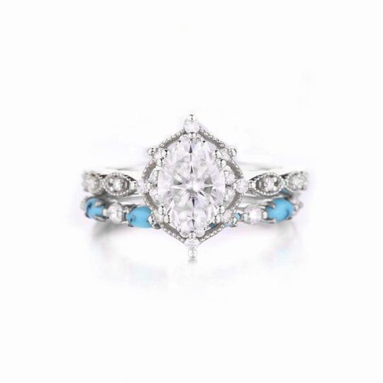 10K White Gold 1.25CT Oval Cut Moissanite Engagement Ring Set with Turquoise