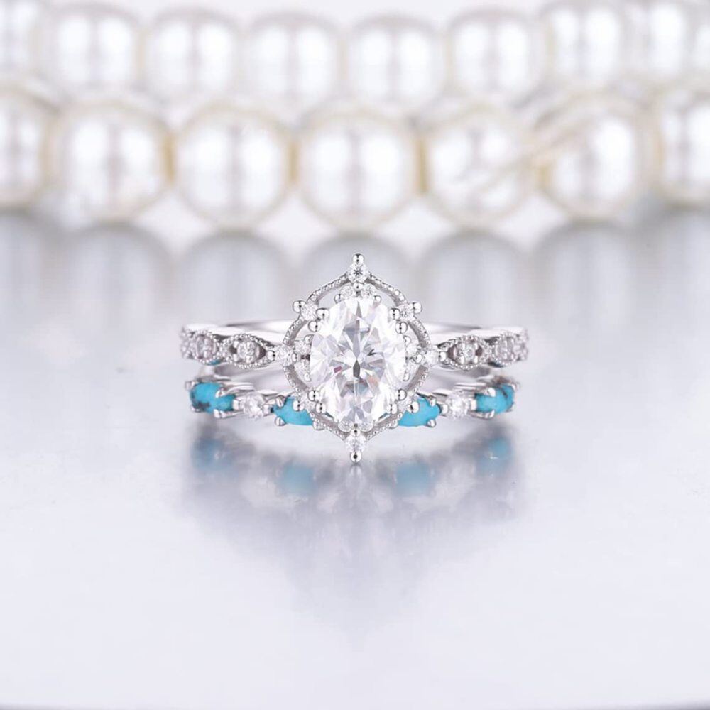10K Gold 1.25CT Oval Cut Moissanite Engagement Ring Set with Turquoise-2