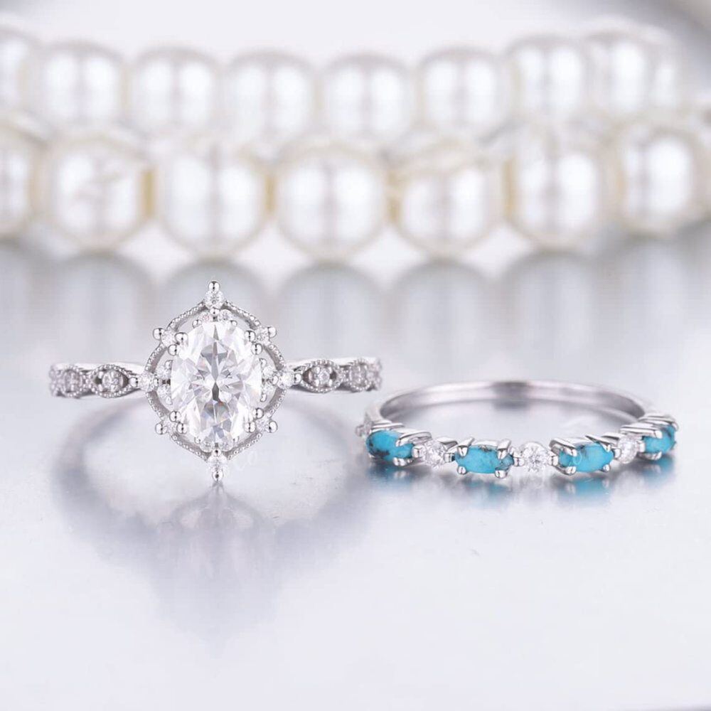 10K Gold 1.25CT Oval Cut Moissanite Engagement Ring Set with Turquoise-3