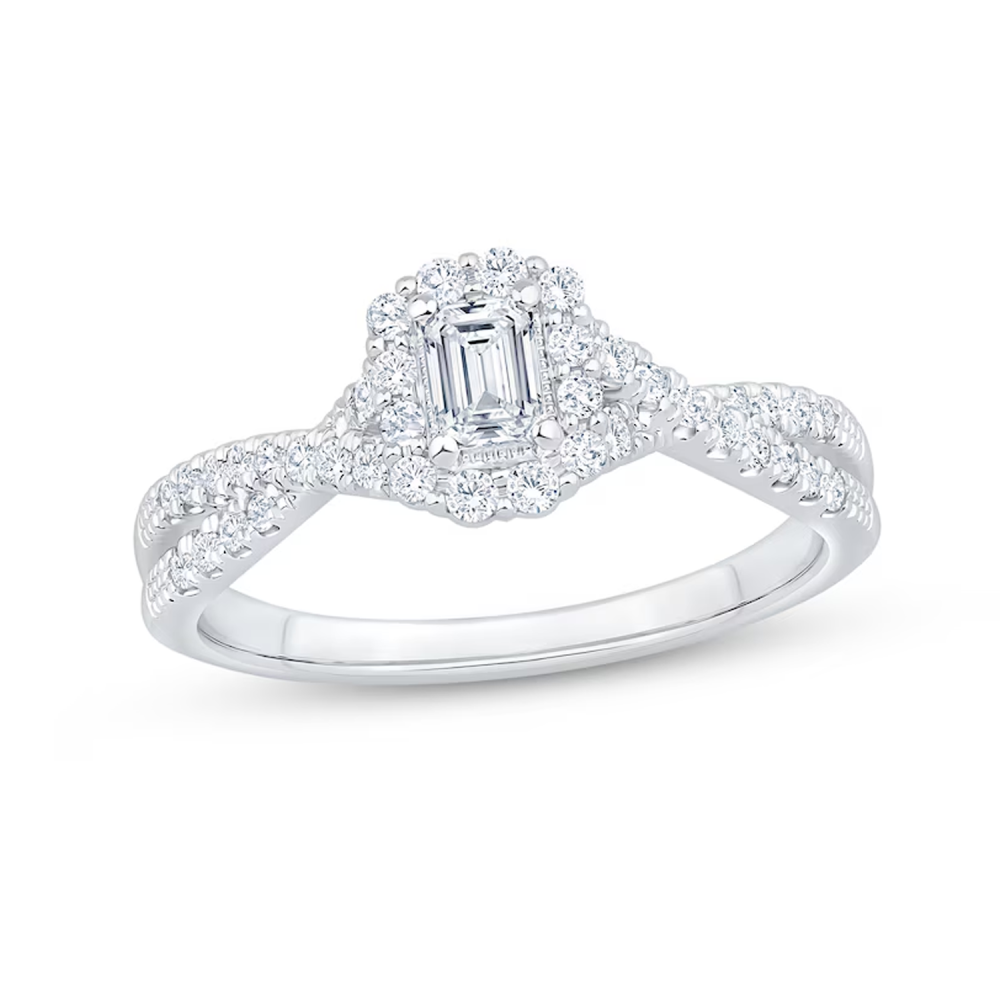 Anel de noivado personalizado em ouro branco 10K, 0,5 a 3 ct, esmeralda, diamante criado em laboratório, cor D, VVS1-VS1, pureza 3EX-1