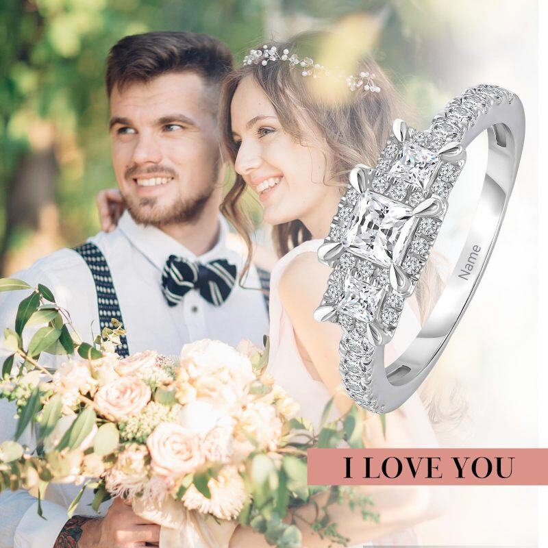 Sterling Silver 2CT Princess Moissanite Personalized Engraving Engagement Ring-4