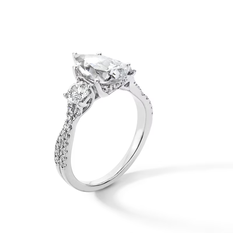 14K White Gold 2-3/4 CT Pear-Shaped Lab Created Diamond Three Stone Custom Engagement Ring-3