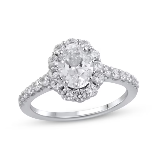 Bague de fiançailles pour couple en or blanc 14 carats avec diamant de taille ovale de 1-3/4 ct gravé en laboratoire