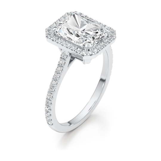 Bague de fiançailles en or blanc 14 carats avec diamants synthétiques de 3 carats et moissanite de 0,35 carat gravée sur mesure