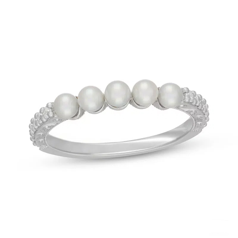 14K White Gold Round Cut Diamond & Pearl Custom Stackable Ring I Color I1 Clarity 3EX-1