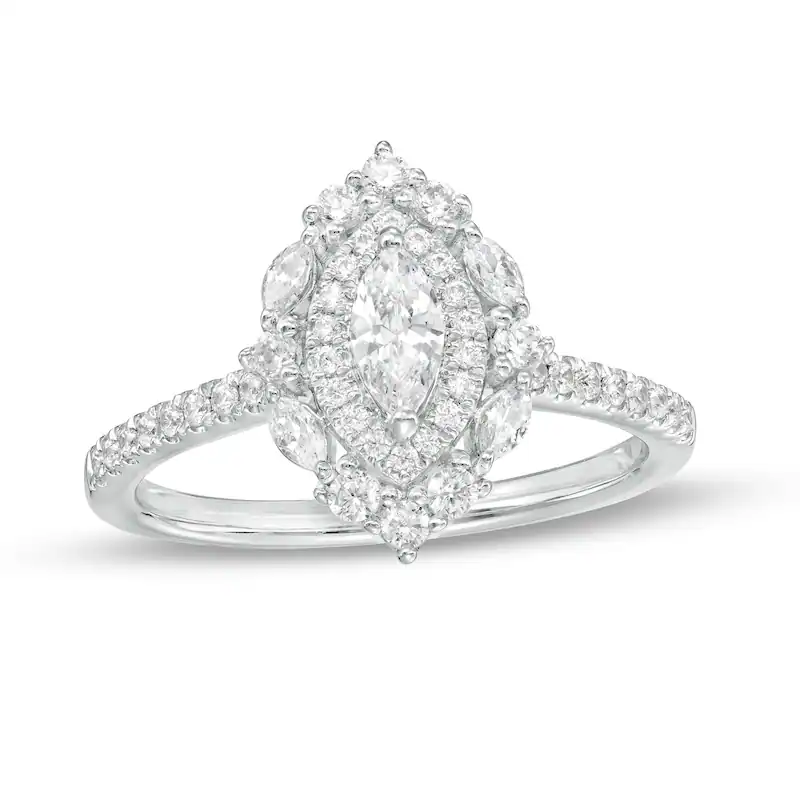 14K White Gold 3/4 Marquise Shaped Diamond Personalized Engraving & Couple Engagement Ring-1