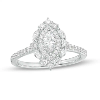 10K White Gold 3/4 Marquise Shaped Diamond Personalized Engraving & Couple Engagement Ring-14