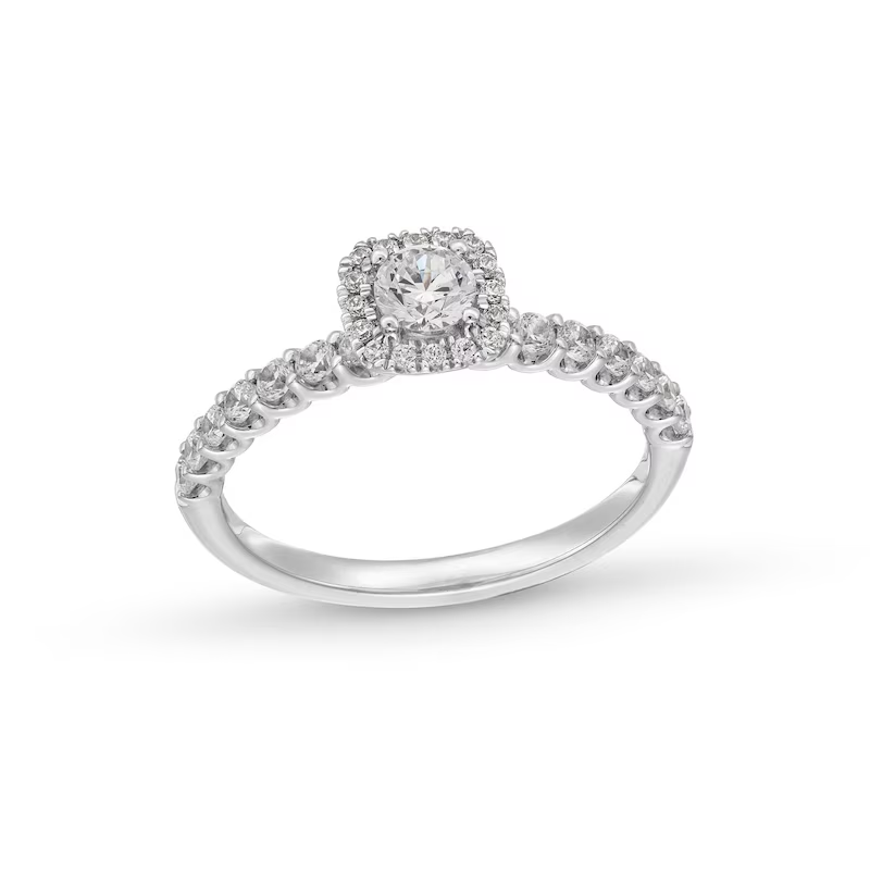 Bague de fiançailles pour couple en or blanc 18 carats avec cadre en forme de coussin 3/4 ct et gravure personnalisée en diamant-1