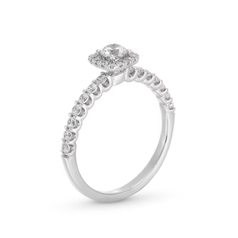 Bague de fiançailles pour couple en or blanc 18 carats avec cadre en forme de coussin 3/4 ct et gravure personnalisée en diamant-3