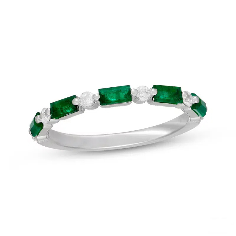 18K White Gold Circular Shaped & Baguette Diamond & Emerald Custom Couple Stackable Ring I Color I1 Clarity 3EX IGI Certified-1