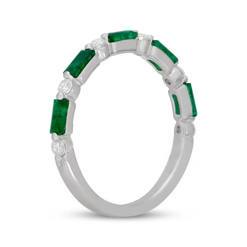 18K White Gold Circular Shaped & Baguette Diamond & Emerald Custom Couple Stackable Ring I Color I1 Clarity 3EX IGI Certified-3