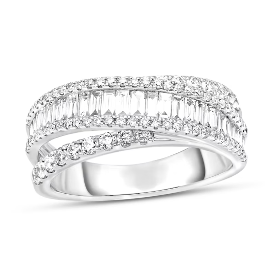 Bague empilable personnalisée à plusieurs rangs en or blanc 14 carats avec diamants baguettes circulaires de 1 1/5 ct