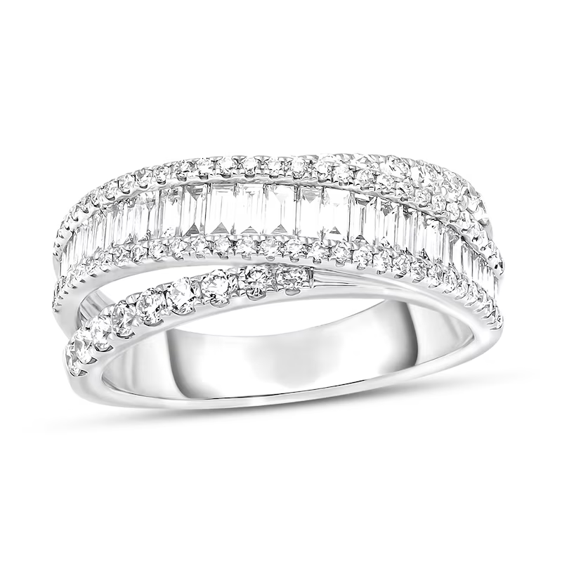 10K White Gold Round Shaped & Baguette Diamond Custom Couple Stackable Ring I Color I2 Clarity 3EX IGI Certified-18