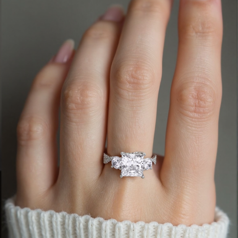 Verlobungsring aus 14 Karat Weißgold, 1,5 bis 4 Karat, im Prinzessschliff, künstlich hergestellter Diamant, drei Steine, D-VVS1, IGI-zertifiziert-4