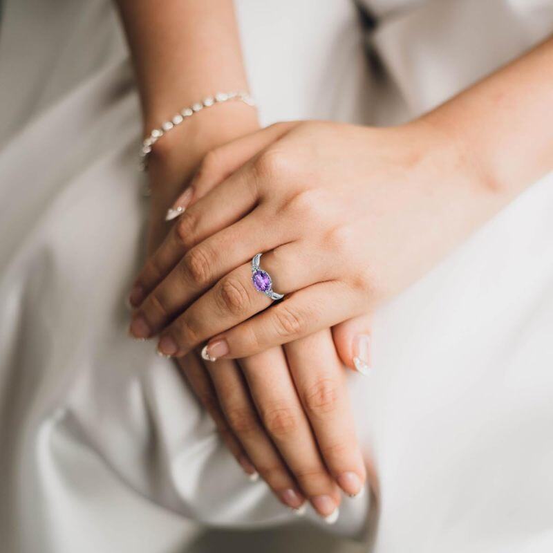 18K White Gold Amethyst & Moissanite Wedding Ring-3
