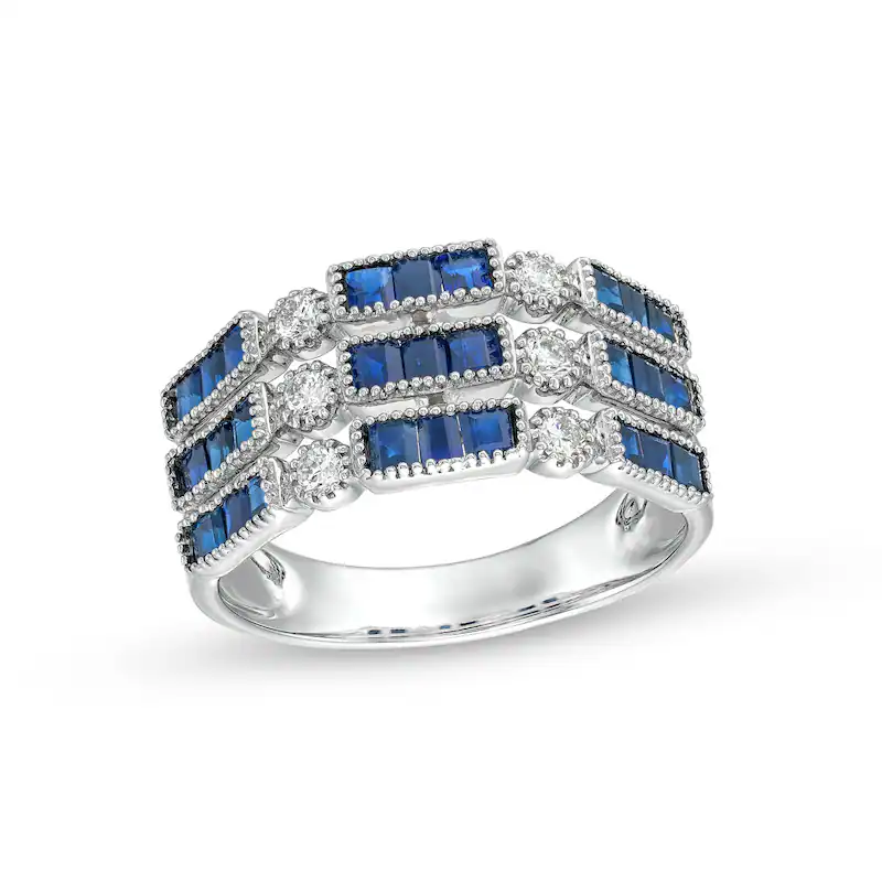 14K White Gold Baguette Blue Sapphire and 1/5 CT Diamond Vintage Triple Row Stackable Ring-1