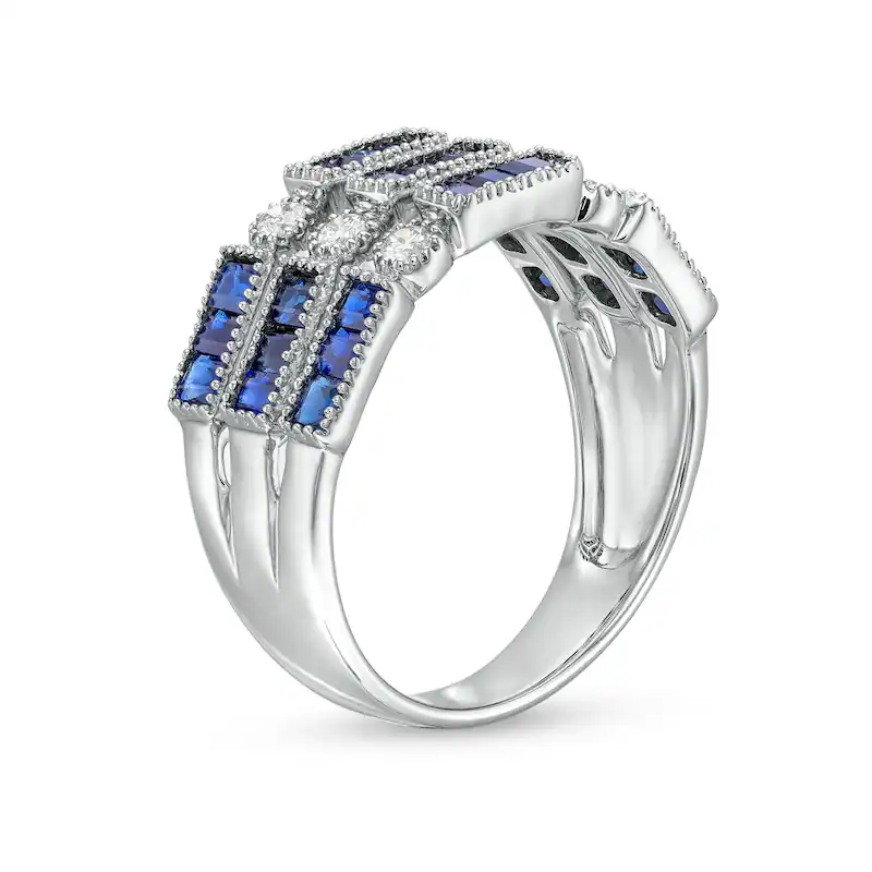 14K White Gold Baguette Blue Sapphire and 1/5 CT Diamond Vintage Triple Row Stackable Ring-3