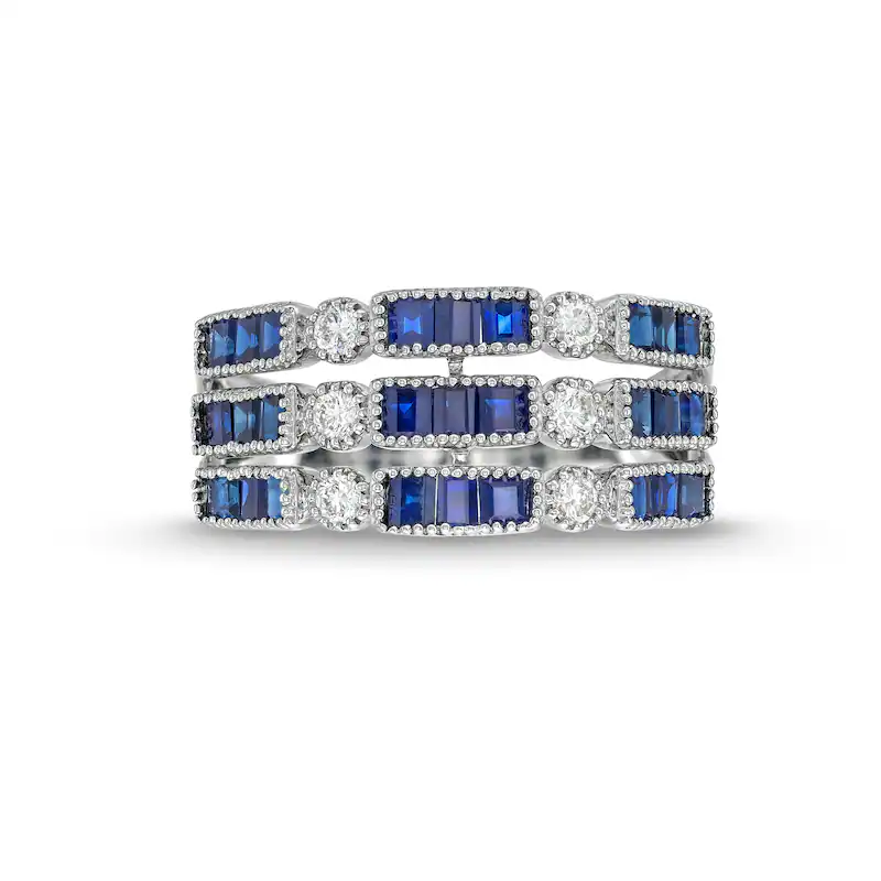 14K White Gold Baguette Blue Sapphire and 1/5 CT Diamond Vintage Triple Row Stackable Ring-4