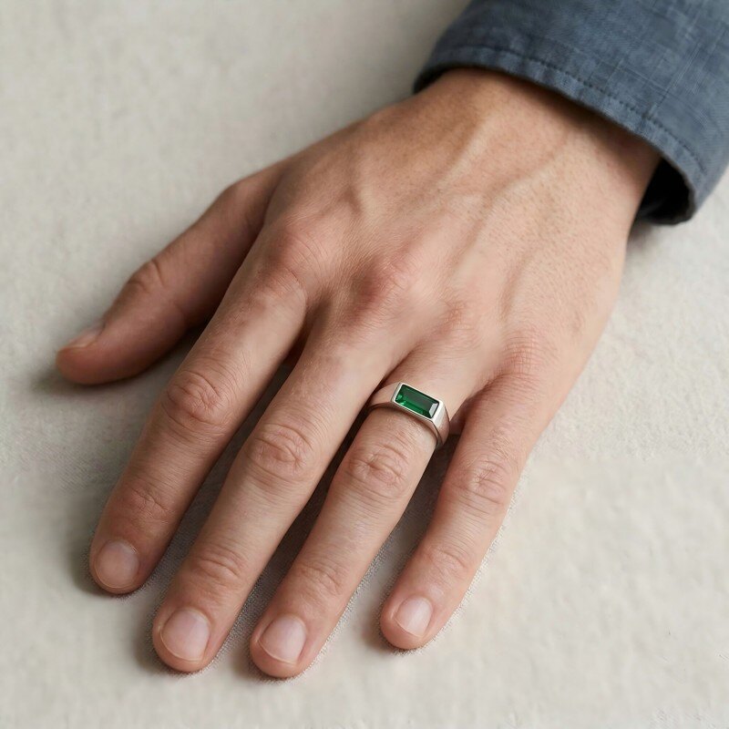 14K Or Blanc Taille Baguette Émeraude Artificielle Bague pour Homme-2