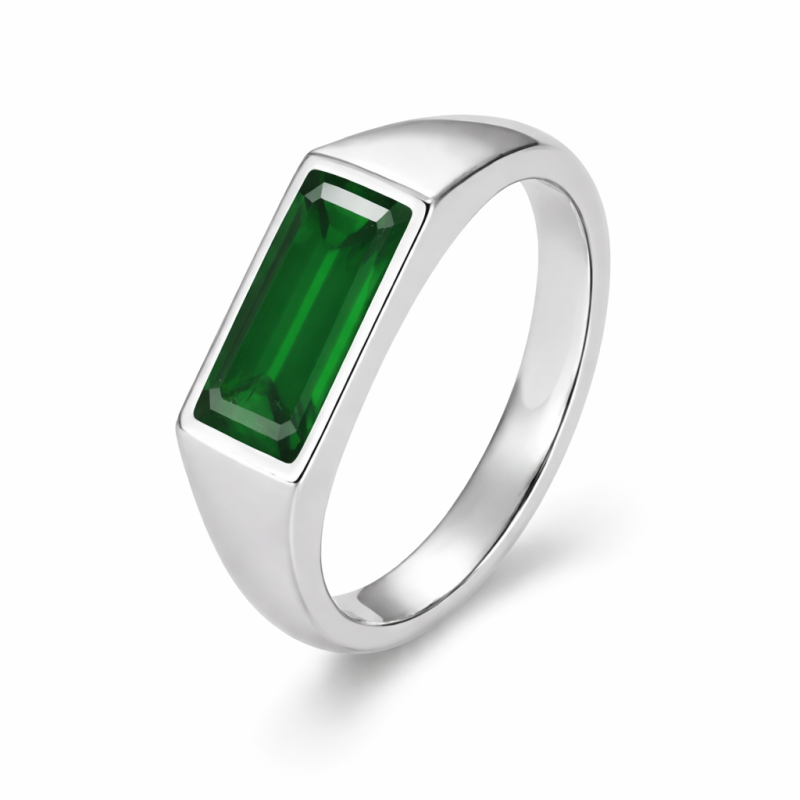 14K Or Blanc Taille Baguette Émeraude Artificielle Bague pour Homme-3