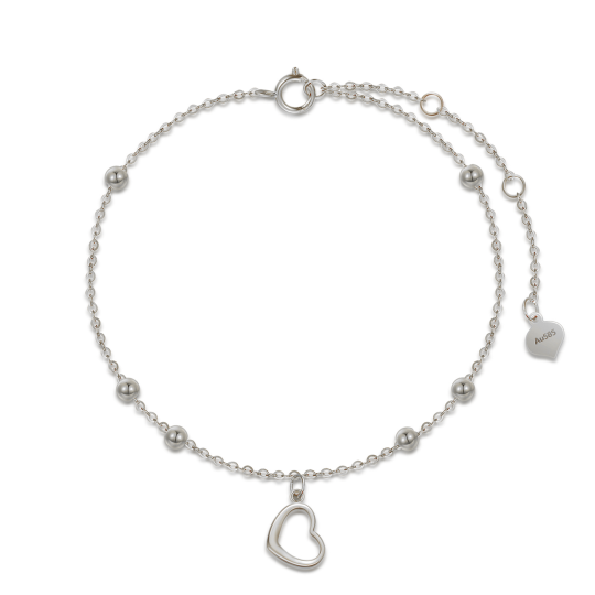 10K White Gold Bead & Heart Charm Bracelet