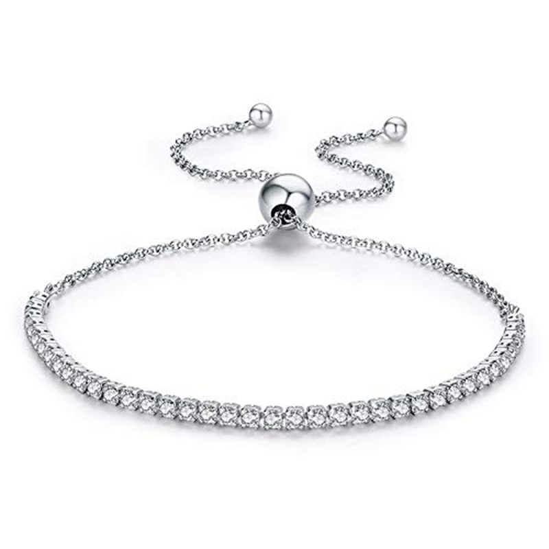 10K White Gold Cubic Zirconia Bead Single Chain Anklet-1