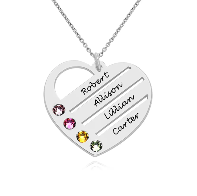 Sterling Silver Birthstone Heart Necklace with Engraved Names-1