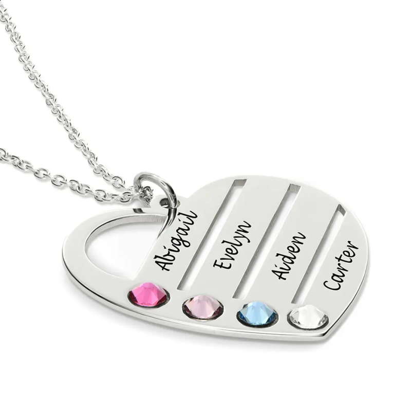 Sterling Silver Birthstone Heart Necklace with Engraved Names-4