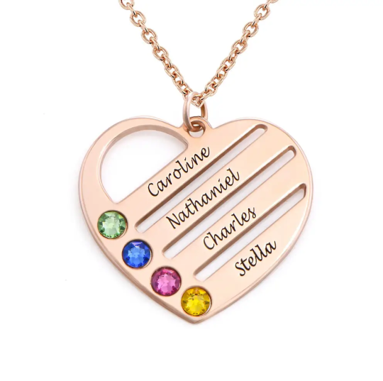 10K White Gold Birthstone Heart Necklace with Engraved Names